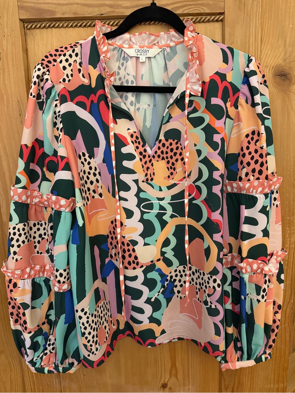 CROSBY by Mollie Burch Coral, Green & Black Abstract Ruffle Blouse